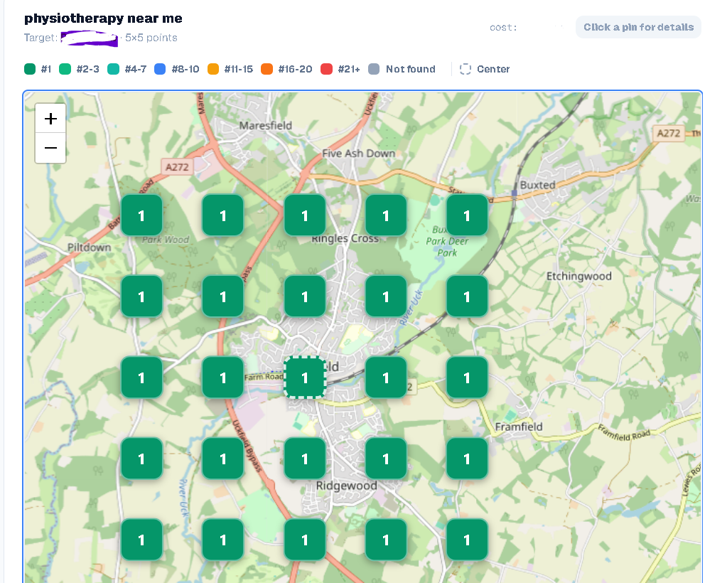 Local search grid for "physiotherapy near me" around Uckfield, showing rank #1 at all 25 sampled points