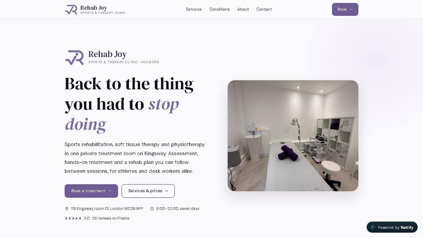Rehab Joy Sports & Therapy Clinic homepage — sports rehab and physiotherapy on Kingsway, Holborn